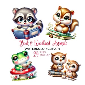 Aquarell Lesebuch Tiere Clipart, Waldtiere PNG, Baby Dschungeltiere Clipart, Babyparty, Buchtag, süße Eule, kommerzielle Nutzung