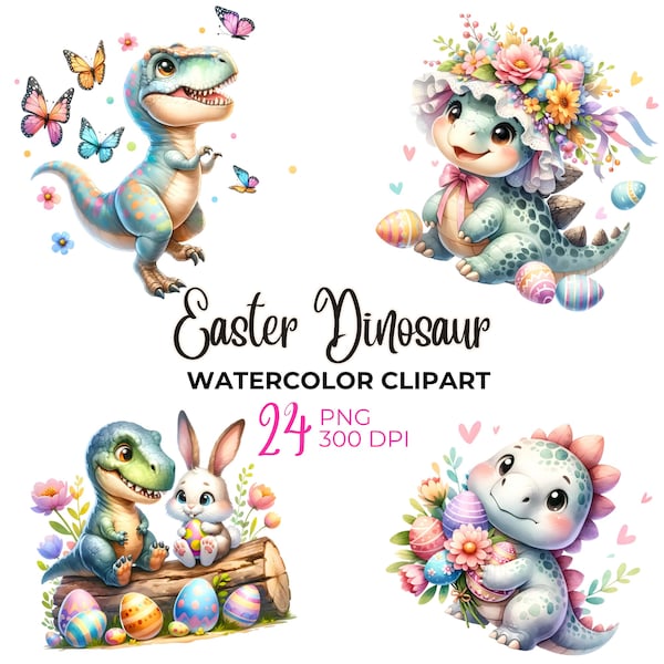 Watercolor Easter dinosaur clipart, Easter clipart , Easter eggs, Easter T-Rex, Easter basket, Easter bunny, nursery clipart, commercial use