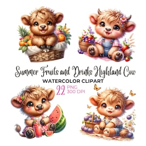 Watercolor summer fruits and summer drinks highland cow clipart, summer PNG, baby cute highland cow, watermelon, tropical fruit clipart