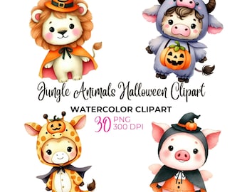 Watercolor jungle animals Halloween clipart, safari cute animals Halloween PNG, spooky clipart, jack-o-lantern clipart, commercial use