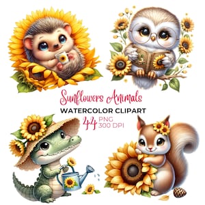 Aquarelle tournesols animaux clipart, animaux mignons PNG, bébé animaux de la jungle clipart, clipart tournesols, clipart été, usage commercial