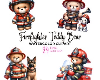 Watercolor Firefighter Teddy Bear Clipart, Firetruck PNG (Commercial Use)