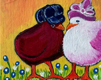 Hat Chicks- acrylic mini- painting on canvas board 5 inch by 5 inch baby chicks