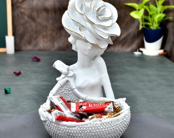 Elegant Lady Statue with Basket - 27cm High Handcrafted Resin Statue