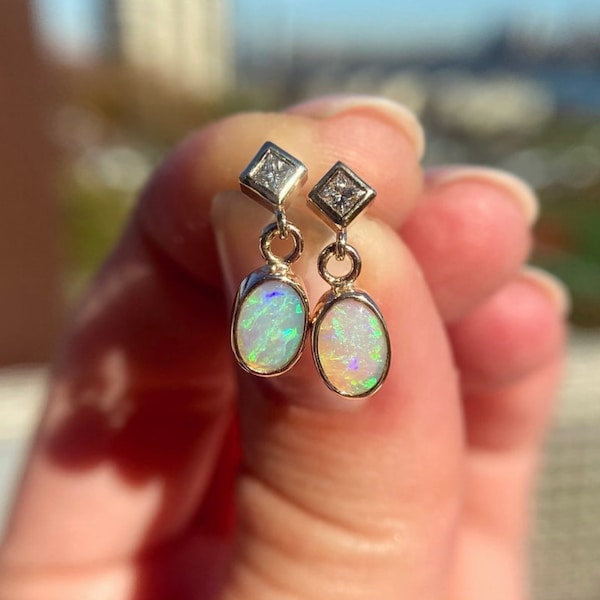 Natural Rainbow Colours Fire Opal Earrings, Vintage Opal Earrings, 14k Gold Opal Earrings, Square Cut Diamond And Opal Earring, Gift For Her