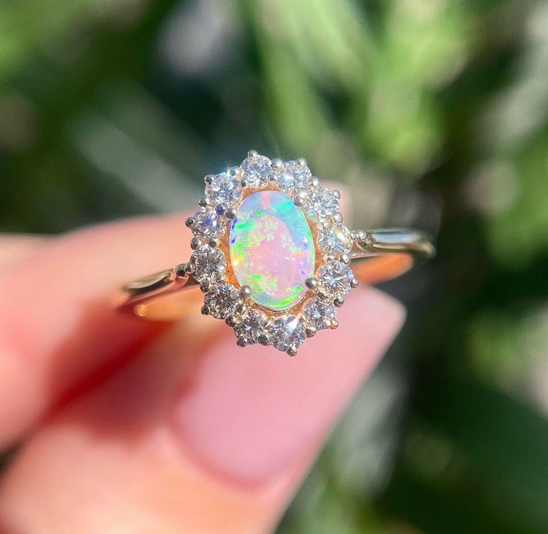 Vintage Opal Ring Opal Diamond Ring 14k Solid Gold Opal Etsy