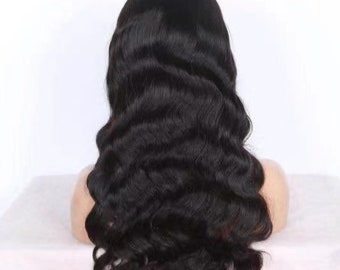 Natural Black Body Wave Human Hair Lace Front Wig, Glueless Pre-Plucked