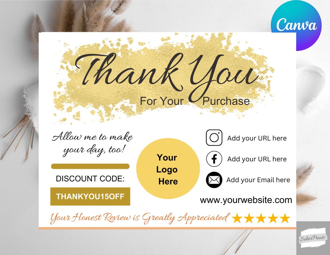 Small Business Thank You Card Template, Printable Thanks for Your ...