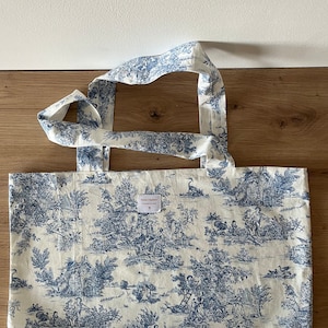 Bolsa toile de jouy com bolso interno - Bolsa toile de jouy feita à mão - bolsa de algodão reutilizável - azul, vermelho, cinza