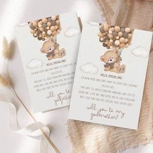 Tarjeta de propuesta de padrinos con un lindo oso / Plantilla editable de "¿Quieres ser mi madrina?" / Carta para pedirles a los padrinos / Tarjeta de invitación de bautismo imprimible