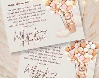 Leuke voorstelkaart peetouders | Universele sjabloon Will You Be My Godmother | Brief aan peetouders | Afdrukbare aankondigingskaart peetouders
