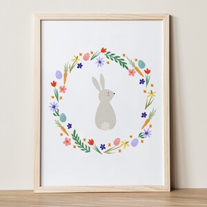 Easter bunny printable wall art. Colorful flowers and bunny poster. Easter decor. Digital download.