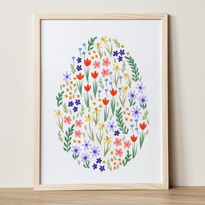 Flower Easter egg printable wall art. Colorful Easter art print. Spring flowers poster. Easter decor. Spring decor. Digital download.