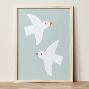 Lámina de pájaros. Ilustración de dos pájaros. Arte mural imprimible para niños. Póster para habitación infantil. Decoración de guardería. Descarga digital.