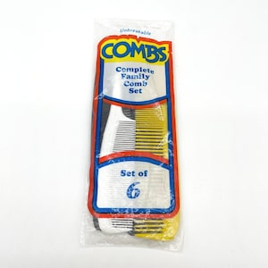 May include: A sealed package of six combs, labeled "Unbreakable COMBS Complete Family Comb Set." The package has a red, blue, and yellow design. The combs are white and yellow.