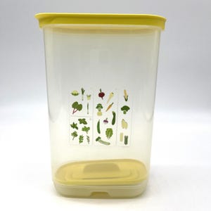 May include: A tall, rectangular, clear plastic food storage container with a bright yellow lid and a matching yellow base. The front of the container features a printed graphic design displaying various colorful illustrations of vegetables and herbs.