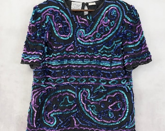 Chemisier à sequins VTG Stenay Plus pour femmes, taille 1X, soirée glamour en soie, art déco luxe