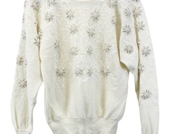Vintage 80s Debra Martin Sweater Beaded Lambswool Angora Cream Floral Size S