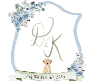 Custom Wedding Crest Watercolor With Dog Blue and Green