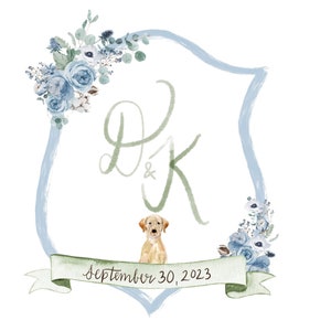 Custom Wedding Crest Watercolor With Dog Blue and Green