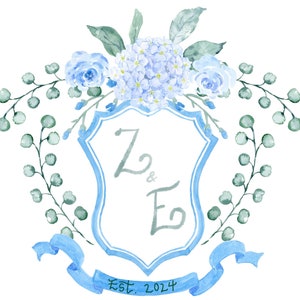Custom Watercolor Wedding Crest Blue and Green Eucalyptus