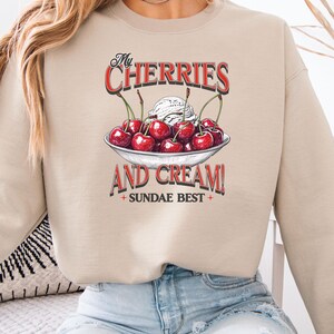 Cherry Ice Cream Sweatshirt Trendy Dessert Cute Food Gift Sweatshirt for Her Stylish Whimsical Print Casual Pullover Soft Cotton Crewneck