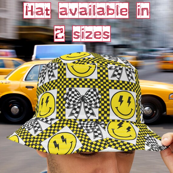 Retro 90s Outdoor Checkered Bucket Hat Smiley Face Rave Y2K Music