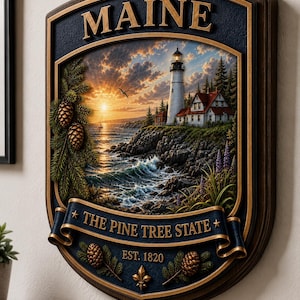 May include: A decorative wall plaque featuring a coastal Maine scene with a lighthouse, sunset, and pine branches. The text reads MAINE, THE PINE TREE STATE, and EST. 1820. The shield-shaped plaque has a dark blue background with gold lettering.