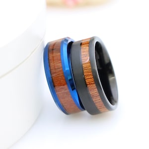 Black Tungsten Ring with Hawaiian Koa Wood Inlay, Mens Wedding Ring, Womens Wedding Bands, Engagement Ring, Koa WoodInlay Blue Tungsten Ring