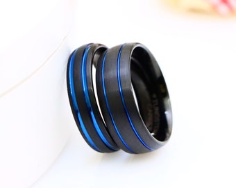 Dome Black IP Tungsten Wedding Ring Two Blue IP Grooves Engagement Band Men's Wedding Ring Bride & Groom Engagement Ring Couple Promise Ring