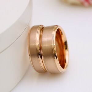 Rose Gold Tungsten Wedding Mens Ring with Brushed Center with High Polished Stepped Edge Engagement Ring For Men Couple Rose Gold Ring Band