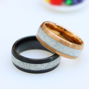 Rose Gold Wedding Band for Men, Black Tungsten Mens Wedding Band with Meteorite Inlay, Silver Meteorite Wedding Ring, Couple Engagement Ring