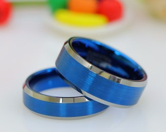Couples Wedding Band, Brushed Tungsten Ring Blue with Beveled Edges, Engagement Ring for Men, Promise Ring for Him and Her, Anniversary Ring