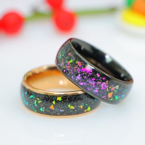 Galaxy Opal Inlay Rings Domed Engagement Ring Opal Inlay Black Tungsten Men&#39;s Wedding Band Abalone Wedding Ring Rose Gold Tungsten Mens Ring