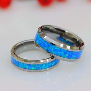 Blue Opal Tungsten Ring, Men&#39;s Wedding Band, Couple Wedding Ring, Women&#39;s Wedding Ring, Fire Opal Engagement Ring, Opal Ring, Mans Opal Band