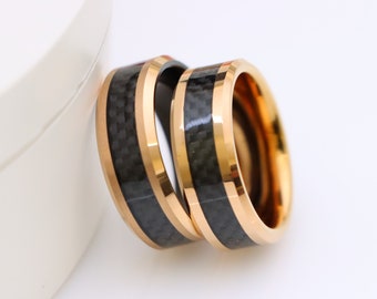 Rose Gold Black Carbon Fiber Tungsten Ring, Christmas Gift Ring