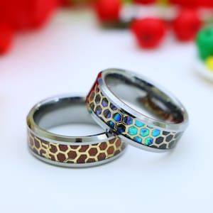 Men&#39;s Abalone Inlay Silver Beveled Edge Wedding Band, Mans Wedding Rings, Honeycomb Mens Ring, Rosewood Inlay Ring, Anniversary Gift for Him