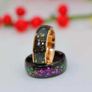 Galaxy Opal Inlay Rings Domed Engagement Ring Opal Inlay Black Tungsten Men&#39;s Wedding Band Abalone Wedding Ring Rose Gold Tungsten Mens Ring
