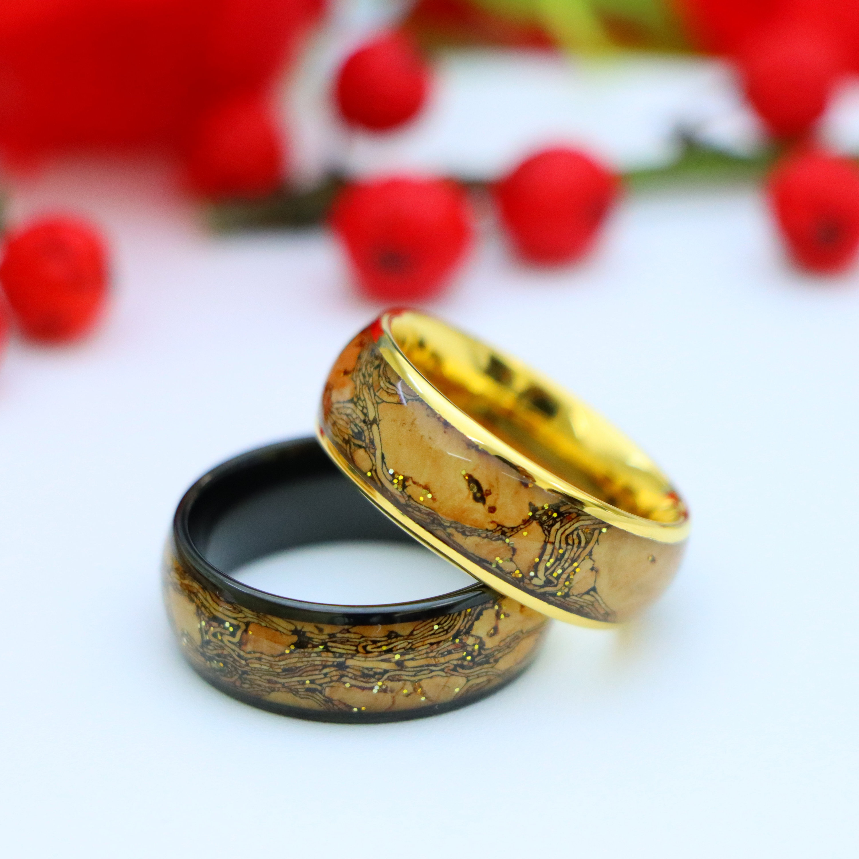 Tungsten Cork Inlay Ring, Yellow Gold Ring, 8mm Men Women Wedding Band ...