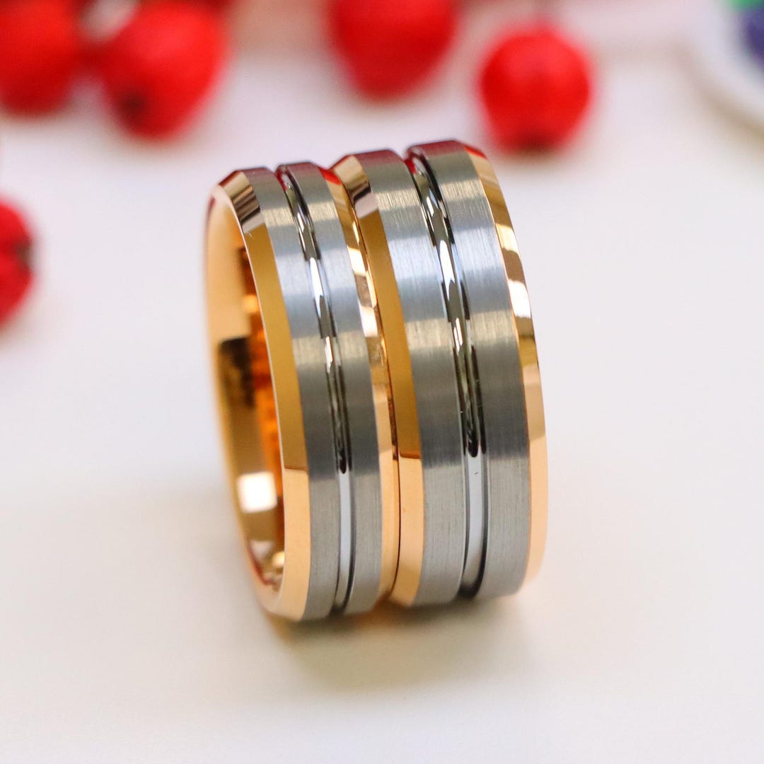 Rose Gold Tungsten Proposal Rings, Flat Brushed Engagement Bands ...