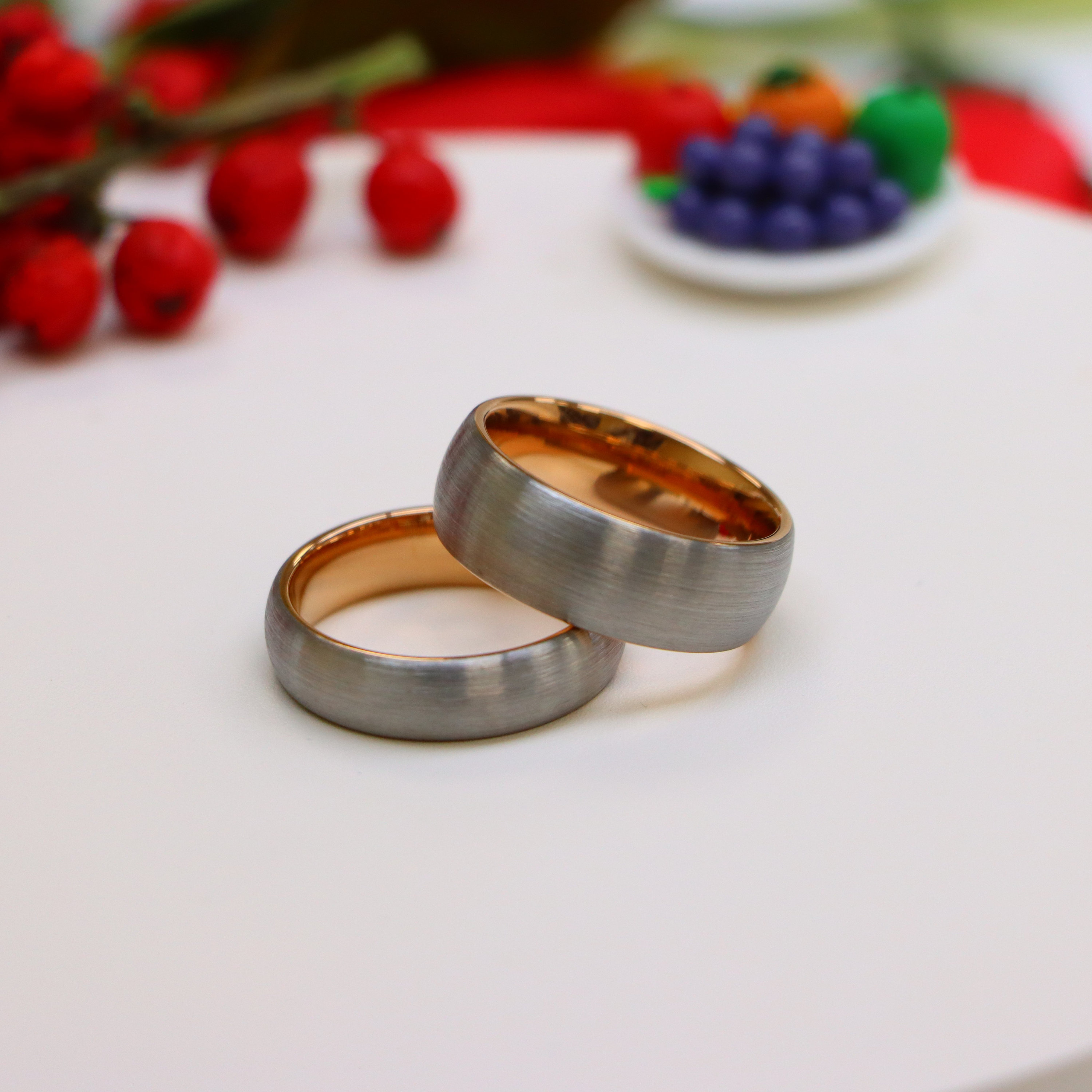 Rose Gold Tungsten Proposal Rings, Couple Shiny Brushed Bands, Silver ...