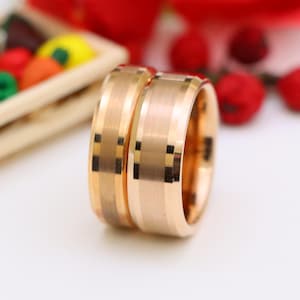 Sparkling Couple Rose Gold Tungsten Ring With Brushed Inlay, Wedding Ring, Mens Wedding Band, Womens Engagement Ring Promise Engagement Band