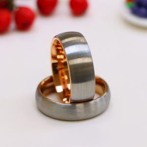 Brushed Silver & Rose Gold Wedding Band, Tungsten Anniversary Ring for Men, Matching Couple Ring, Mens Engraved Ring, Rose Gold Promise Band