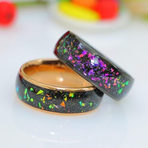 Galaxy Abalone Opal Inlay Rings, Domed Black Tungsten Proposal Rings, Rose Gold Tungsten Comfort Fit Ring, Valentine Gifts, Christmas Gifts
