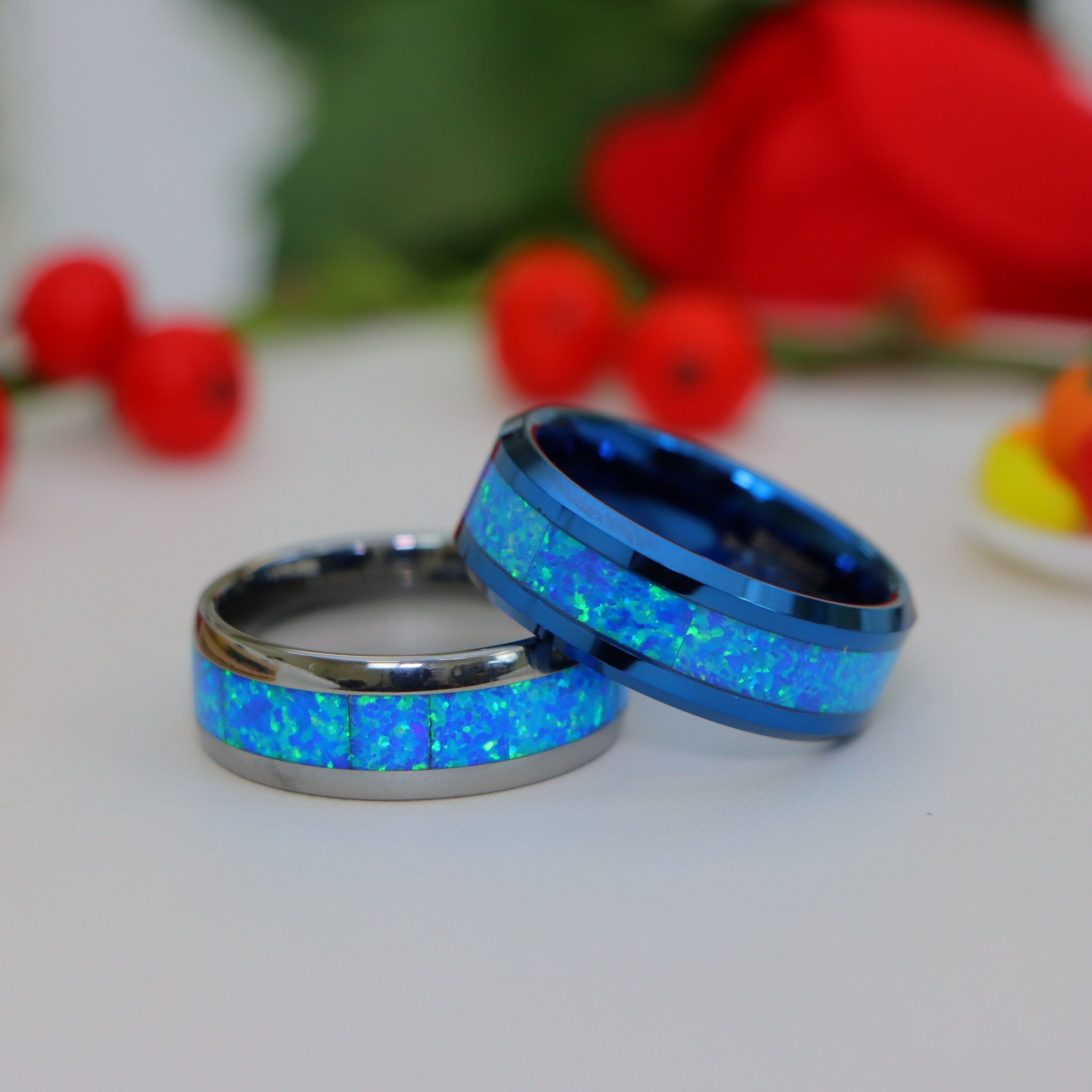 Blue Fire Opal Men Ring, Blue Tungsten Women Engagement Ring, Engraving ...