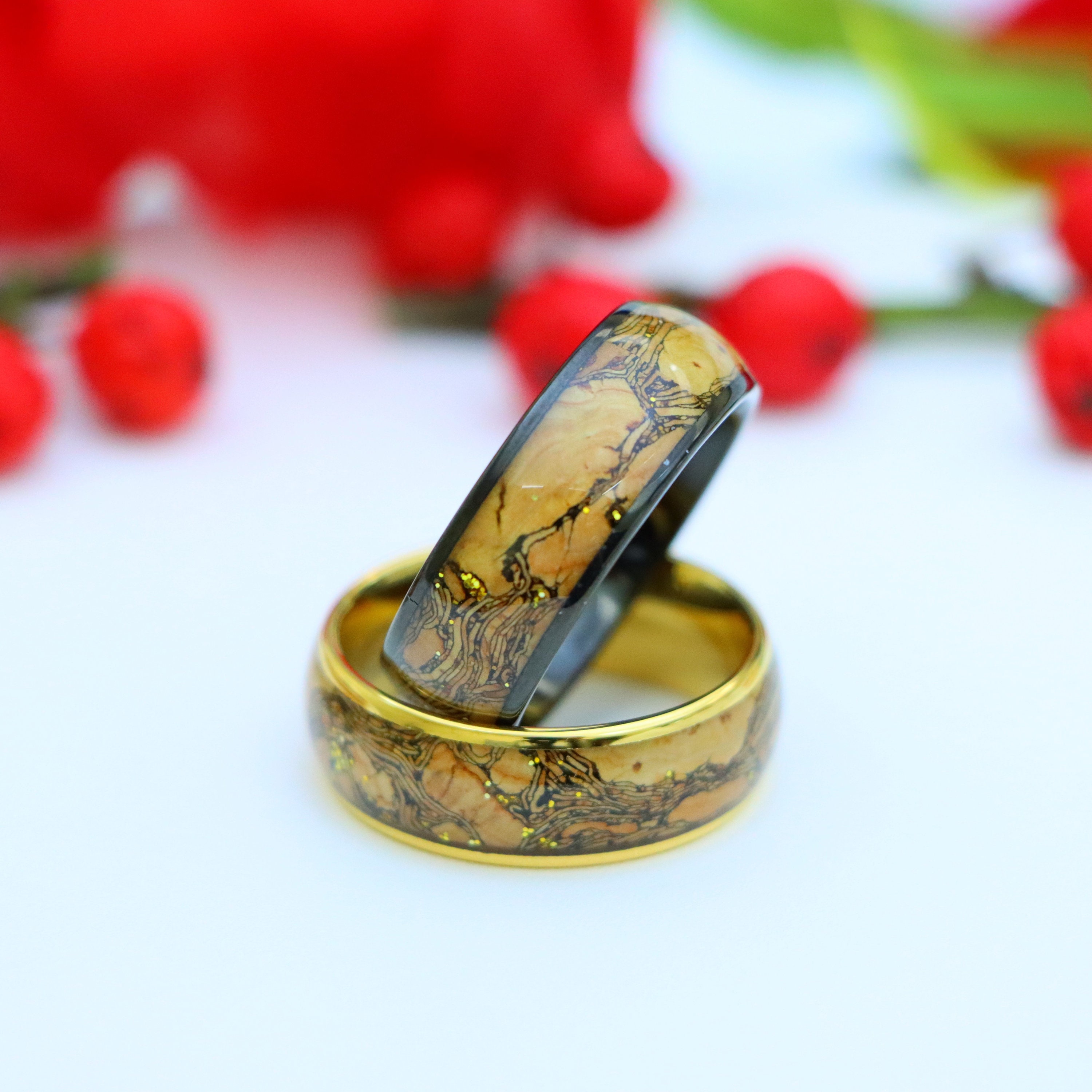 Tungsten Cork Inlay Ring, Yellow Gold Ring, 8mm Men Women Wedding Band ...
