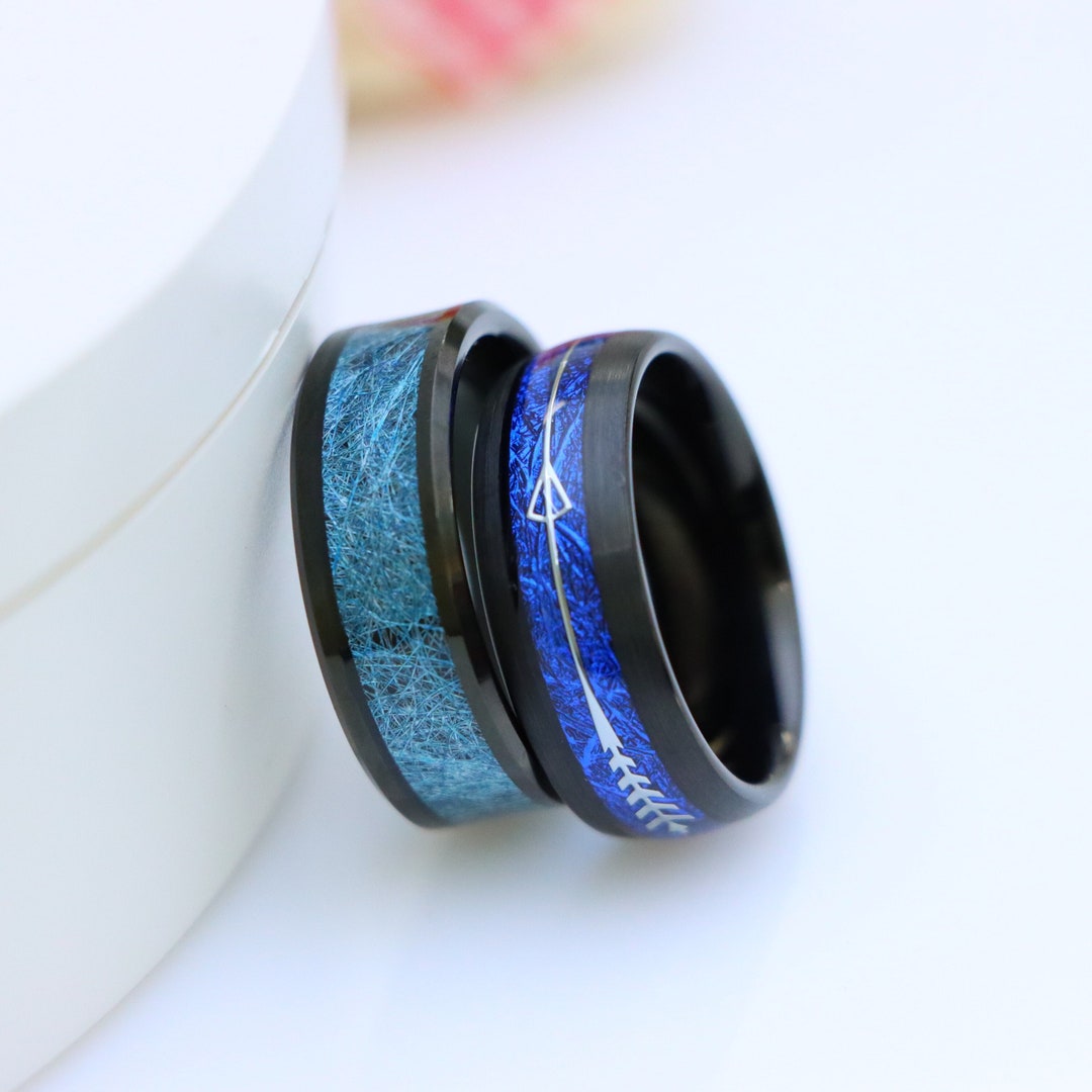 Fancy Blue Silk Thread Inlay Wedding Band, Black Tungsten Ring, 8mm Men ...