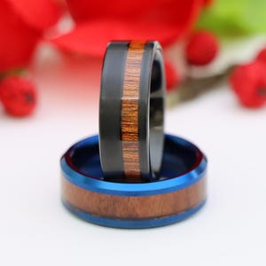Black Tungsten Ring with Hawaiian Koa Wood Inlay, Women&#39;s Wedding Bands, Engagement Ring, Blue Tungsten Ring, Engraved Band, Christmas Gifts
