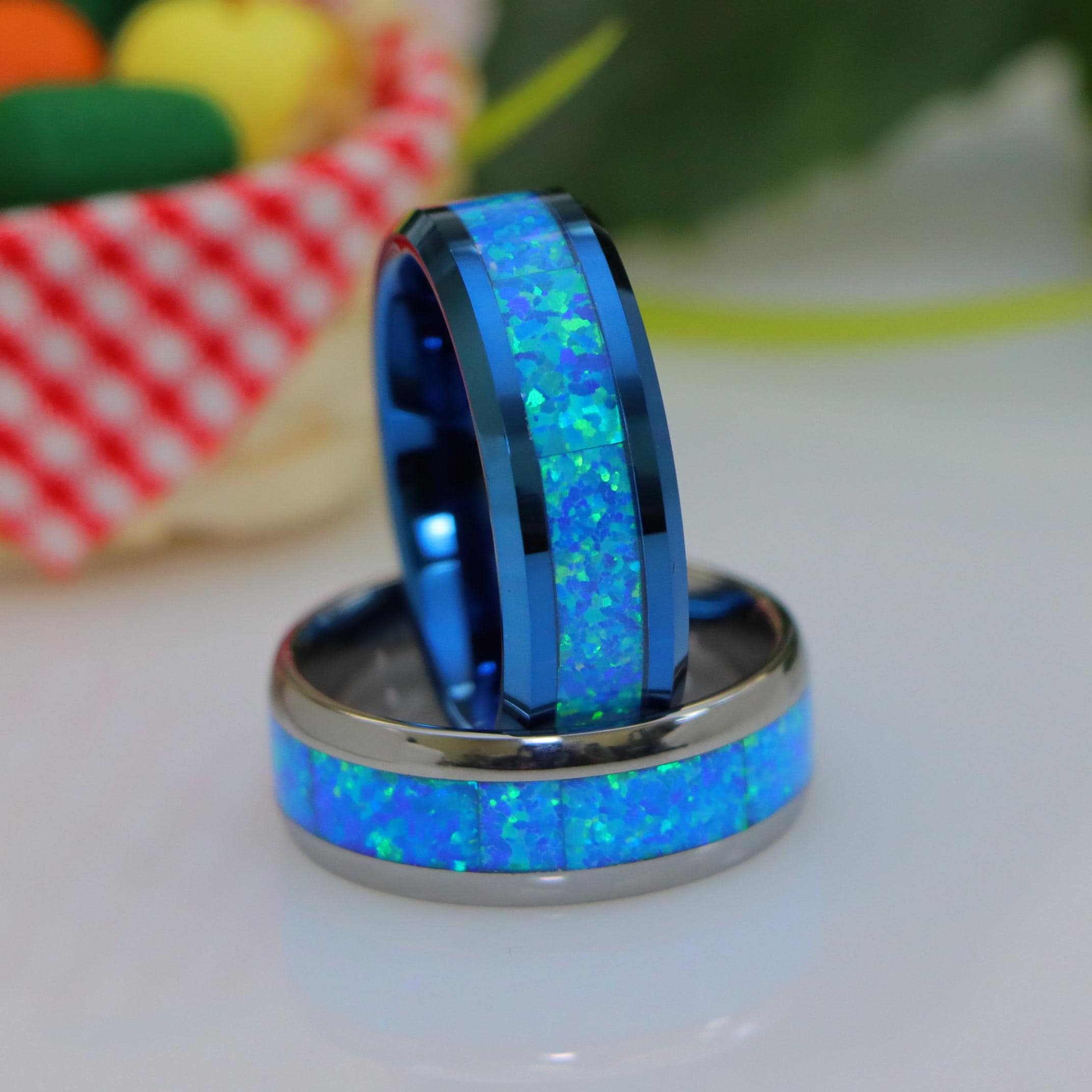 Blue Fire Opal Inlay Rings, Personalized Bands, Silver Tungsten Promise Band, Blue Tungsten Wedding Ring, Valentine Gifts, Christmas Gifts