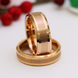 Sparkling Rose Gold Tungsten Ring With Brushed Inlay, Men&#39;s Wedding Bands, Women&#39;s Engagement Rings, Personalized Bands, Thanks Giving Ring